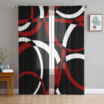 Геометрический круг Современное искусство Красный тюль Вуалевые шторы для спальни Оконные шторы для гостиной Прозрачные шторы из органзы
