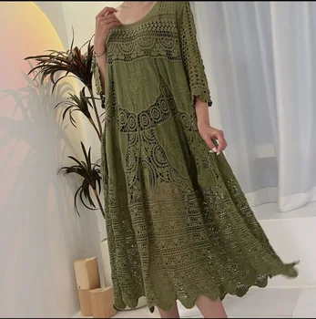 Оригинальное летнее кружевное платье Mori с круглым вырезом и средним рукавом, вязаное крючком, с поясом на талии, длинное облегающее тонкое кружевное платье wom