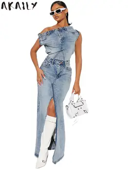 Akaily Blue, сексуальный джинсовый комплект юбок с разрезом из двух частей, вечерние клубные наряды для женщин, осень 2023, облегающий топ и юбка на одно плечо, комплект