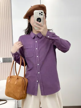 2024 Фиолетовая рубашка Женская повседневная вельветовая рубашка с длинным рукавом на пуговицах Женская модная мешковатая рубашка с лацканами Женские рубашки