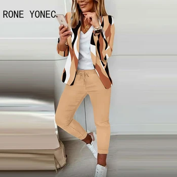 Женский блейзер с объемным принтом, пальто и однотонные брюки на завязках, женский комплект из двух предметов
