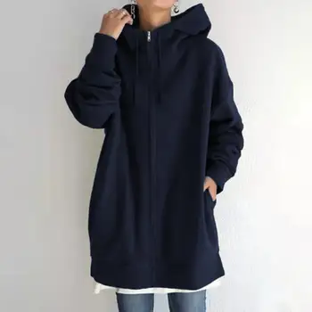 Свободное пальто-толстовка, стильное пальто-толстовка средней длины с капюшоном на завязках, Длинные рукава, планка на молнии, уличная одежда на осень