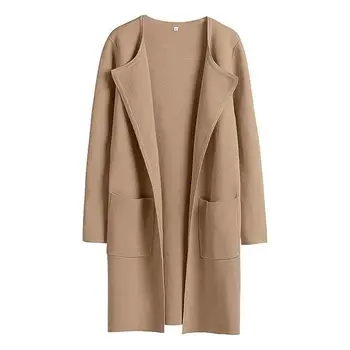 Женское пальто средней длины, осень-зима, воротник с лацканами, Элегантный Однотонный карман, Длинные рукава, Повседневная Свободная женская куртка, верхняя одежда