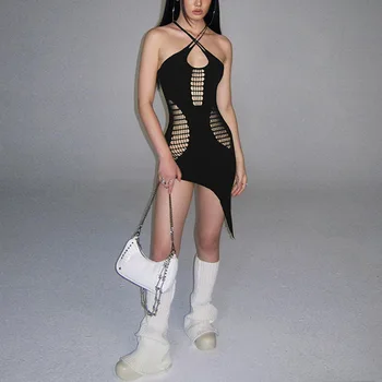 Летние Сексуальные мини-платья с открытой спиной, Элегантные Мини-платья без рукавов с разрезом Для женщин, модные наряды, Клубная вечеринка, открытое облегающее Черное платье