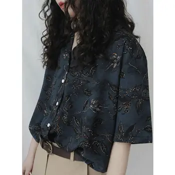 HOUZHOU Винтажная рубашка Harajuku, Женская рубашка с коротким рукавом, Уличный стиль 90-х, Эстетичные Элегантные блузки Оверсайз, Корейский модный кардиган