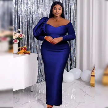 Женское платье 2023, Новый стиль, осеннее женское банкетное платье большого размера, Асимметричное сексуальное синее винтажное Африканское платье Макси