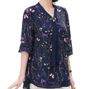 Элегантная модная женская рубашка для мамы среднего возраста, летние рубашки, шифоновая рубашка с V-образным вырезом и принтом, блузка