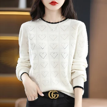 Женский осенне-зимний пуловер с круглым вырезом из 100% шерсти, кашемировый свитер полой вязки, модный однотонный топ с длинными рукавами