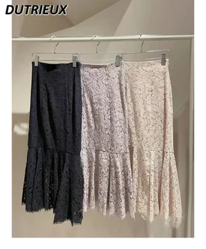 Японский стиль 2023, Весна-осень, Новая длинная юбка-футляр с высокой талией, Элегантная милая кружевная полая юбка макси 