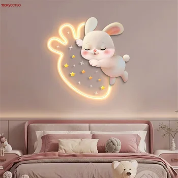 Мультяшная Декоративная картина с клубничным кроликом, светодиодный настенный светильник, Прикроватный светильник для спальни девочек, детские Акриловые настенные бра