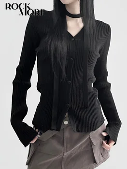 Rockmore Тонкий шейный платок, вязаная футболка, повседневные облегающие топы Harajuku, уличная одежда Y2K с длинными рукавами, базовые однобортные рубашки