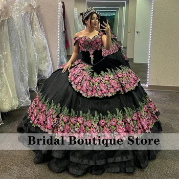 Мексиканская Милая Принцесса Пышные Платья Бальное Платье 2024 Цветы Аппликации С Открытыми Плечами Бусины 16-й День Рождения Свадьба