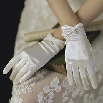 Женские короткие атласные эластичные перчатки для этикета, Элегантные жемчужные белые варежки для вождения, аксессуары для свадебного банкета