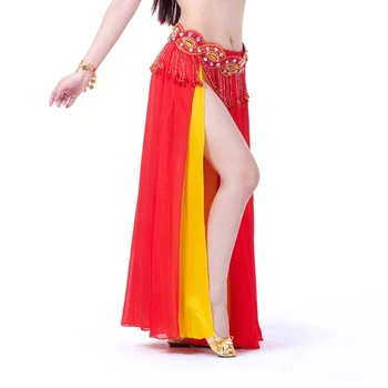 Женская сексуальная юбка для танца живота с двойным разрезом, длинное шифоновое платье с блестками и кисточками, очаровательная танцевальная одежда