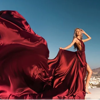 2022 Темно-Красное Вечернее платье С Длинным Шлейфом, Сексуальное Платье С Открытой Спиной И Высоким Разрезом Спереди, Простое Атласное платье Для Выпускного вечера С V-образным вырезом