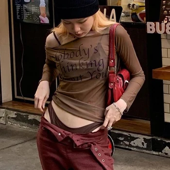 Y2K 00s Футболка с буквенным принтом в стиле ретро, сексуальная футболка с открытыми плечами и длинным рукавом, Корейская мода, Винтажный Женский кроп-топ в стиле панк-рок, уличная одежда