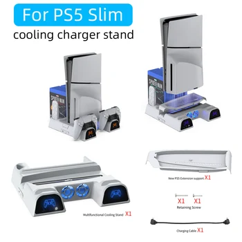Для PS5 Slim Многофункциональная охлаждающая зарядная база, док-станция с подсветкой для зарядки, стойка для хранения дисков для зарядной базы для ручки PS5