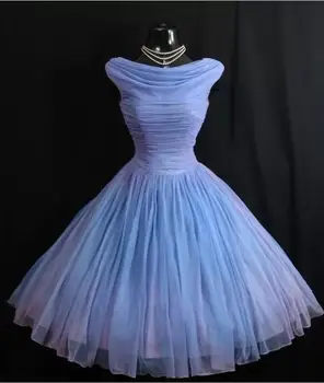 Винтажное Шифоновое платье 1950-х 50-х годов сине-сиреневого цвета с рюшами, свадебное платье чайной длины, свадебные платья, Цветные свадебные платья