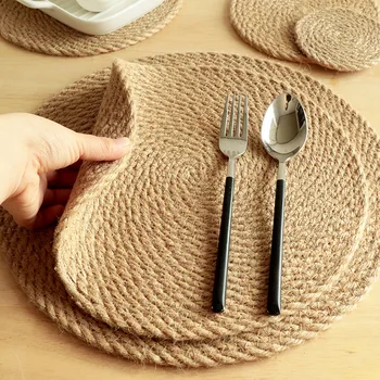 4 штуки круглых ковриков ручной работы для обеденного стола из натурального льна Фермерский дом в деревенском стиле, зарядная пластина, теплоизоляционные прокладки