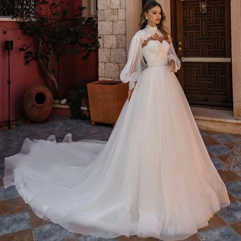 Элегантное Роскошное бальное платье Свадебное платье Невесты 2023 С пышными рукавами, кружевное свадебное платье из тюля в форме сердца, трапециевидный шлейф в часовне