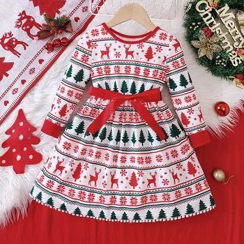 Праздничное платье с длинными рукавами для маленьких девочек, Рождественское платье с принтом Оленя из мультфильма, Шикарные вечерние платья от 4 лет