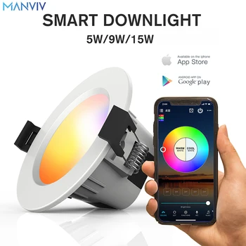 MANVIV LED Smart Downlight Прожектор для внутреннего Освещения 5 Вт 9 Вт 15 Вт RGB Dimmable Downlight Красочный С Alexa Google Home Living Room