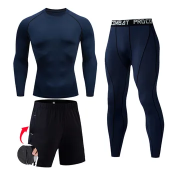 Компрессионная мужская спортивная одежда для бега, леггинсы для фитнеса, Однотонный быстросохнущий комплект для тренировок в тренажерном зале, футболка для бодибилдинга, спортивный костюм