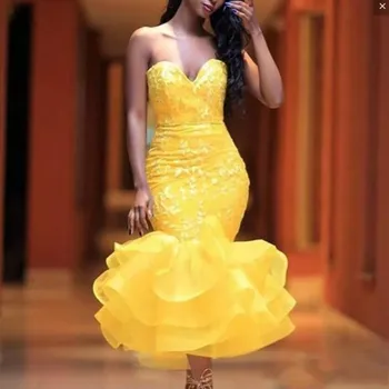 Шикарные желтые платья для коктейльных вечеринок, кружевные Африканские короткие вечерние платья для выпускного вечера, многоуровневые оборки, сексуальное платье для особых случаев