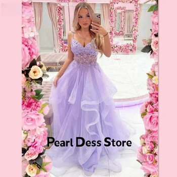 Вечернее платье с кружевной вышивкой, светло-фиолетовое бальное платье трапециевидной формы 2024, вечернее платье с завитками по краю принцессы