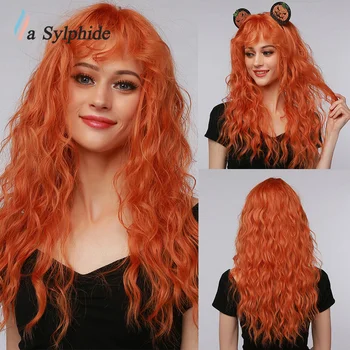 La Sylphide Длинный оранжевый парик с волнистой челкой, Синтетические парики для женской вечеринки в честь Хэллоуина, милые вьющиеся Термостойкие волосы